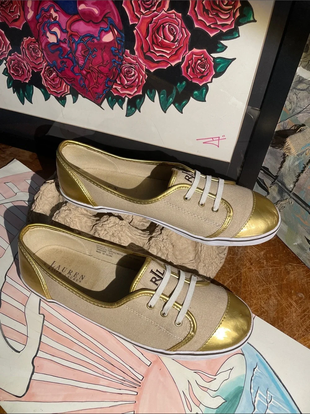 Lauren Ralph Lauren Beige Canvas Sneakers with Gold Metallic Accents